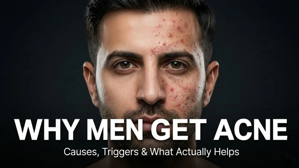 Man with facial acne showing forehead and cheek breakouts, illustrating common causes of acne in men such as oily skin and clogged pores.