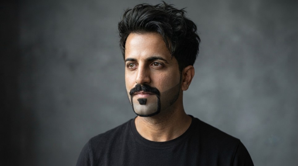 Man with a corner beard (chin strap with mustache) styled for naturally patchy cheek growth.