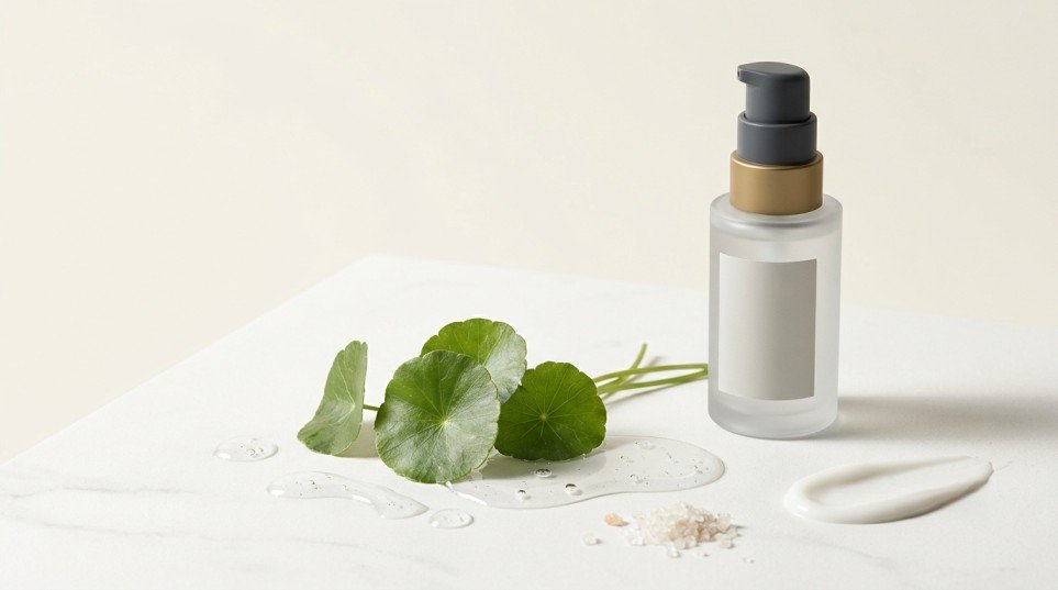 Korean skincare ingredients including Centella asiatica leaves, hydrating serum and skincare textures arranged in a minimalist editorial composition.