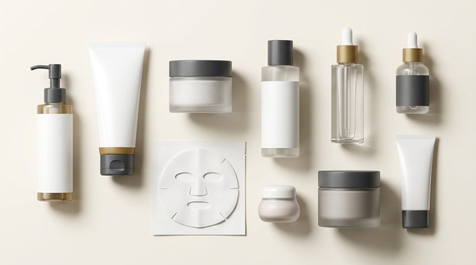 Traditional 10-step Korean skincare routine with ten skincare products arranged in a minimalist editorial flat lay.