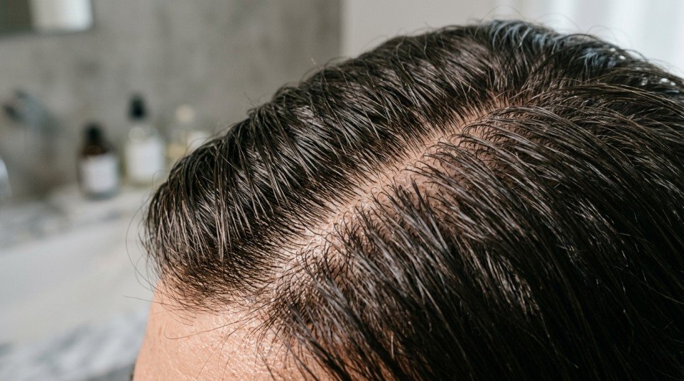 Greasy hair roots and oily scalp in a man
