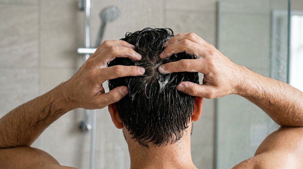 Man gently washing his scalp with shampoo 