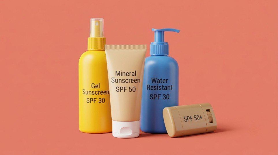 Different types of sunscreen products including SPF 30, SPF 50, gel, mineral, and water-resistant formulas arranged on a solid background
