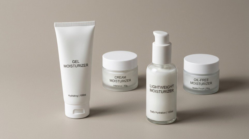 Different types of moisturizers including gel, cream, lightweight, and oil-free formulas arranged on a solid background