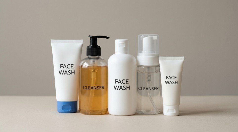 Different types of face wash and cleanser bottles and tubes arranged on a solid background
