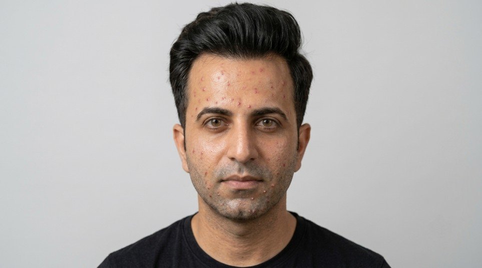 Man with acne on forehead jawline and beard area