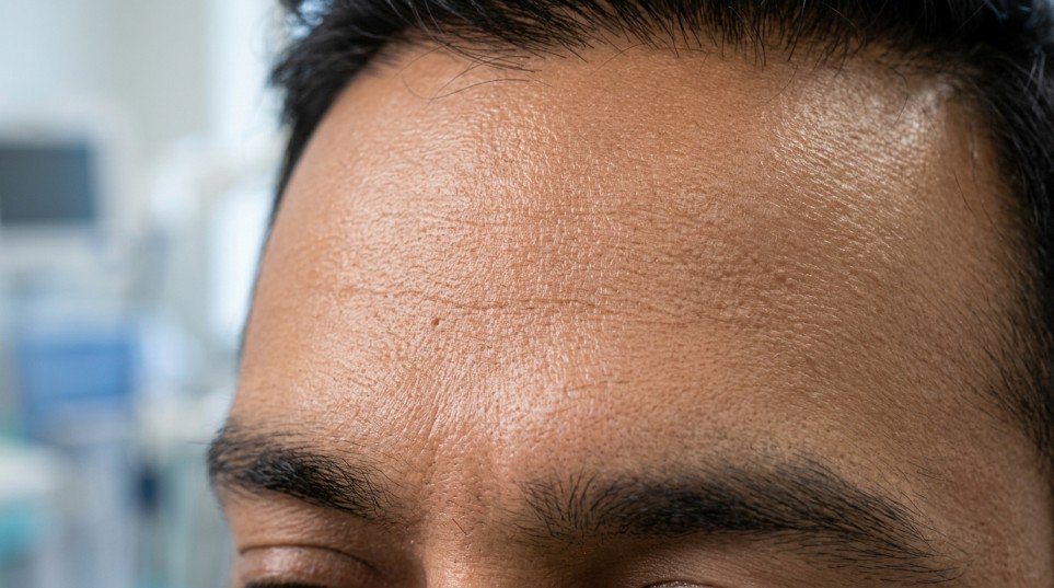 Male forehead with oily skin and visible pores