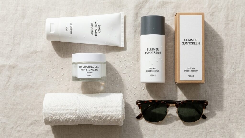 Men's summer skincare essentials featuring face wash, lightweight moisturizer, SPF sunscreen, towel, and sunglasses for a simple daily routine.