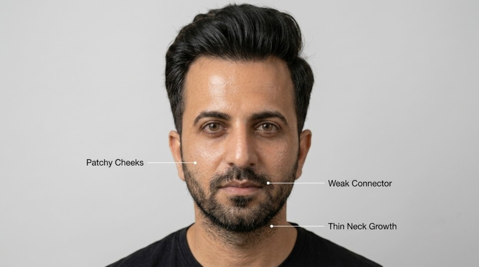 Common patchy beard growth areas on the cheeks, mustache connector, and neck.