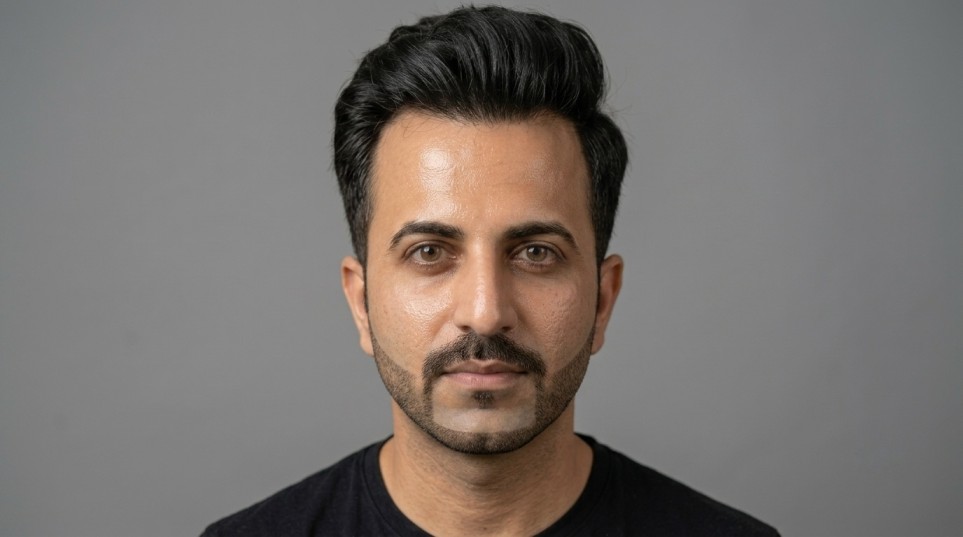 Chin strap with mustache beard style for men with patchy cheek growth.