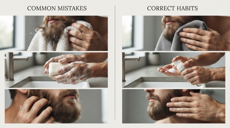 Common beard grooming mistakes compared with recommended grooming habits.