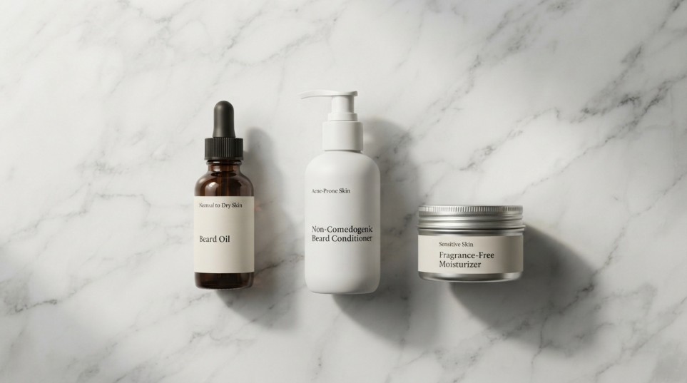 Beard care products matched to different skin types.