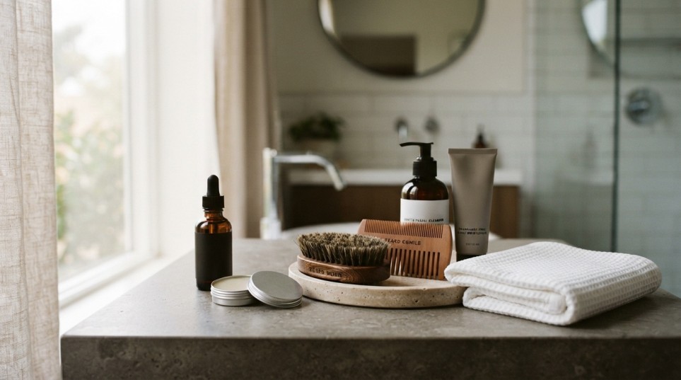 Essential beard grooming products for a beginner beard grooming routine.