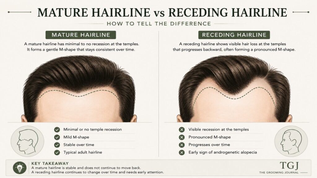 Mature hairline vs receding hairline comparison showing differences in temple recession and hairline shape.
