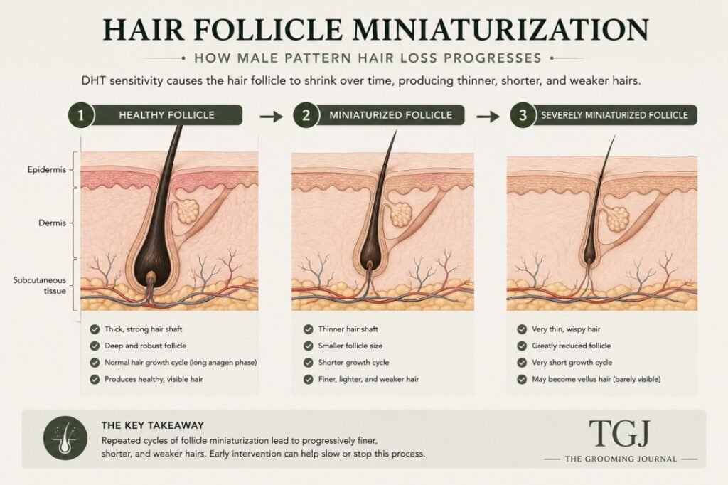 Hair follicle miniaturization showing the progression from a healthy follicle to severe miniaturization in male pattern hair loss.