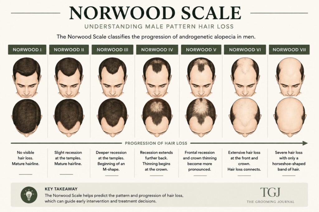 Norwood Scale showing the progression of male pattern hair loss from Stage I to Stage VII.