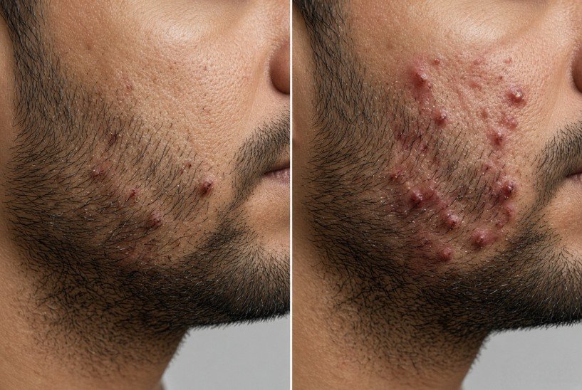 Razor bumps and acne on a man's beard
area