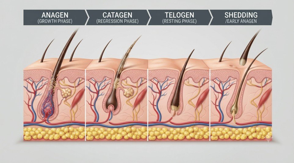 Hair growth cycle showing the anagen, catagen, telogen, and shedding phases.