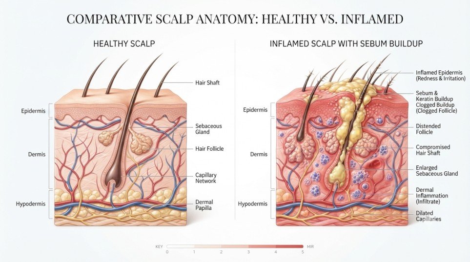 Comparison of a healthy scalp and an inflamed scalp with buildup.