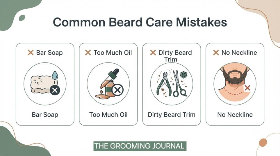 Minimal infographic highlighting common beard care mistakes men should avoid.