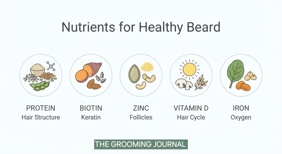 Educational infographic showing nutrients that support healthy beard growth and follicle function.