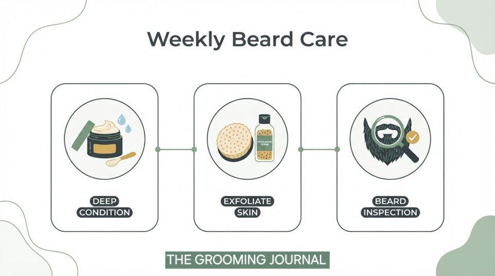 Minimal weekly beard care infographic showing deep conditioning, exfoliation, and beard inspection.