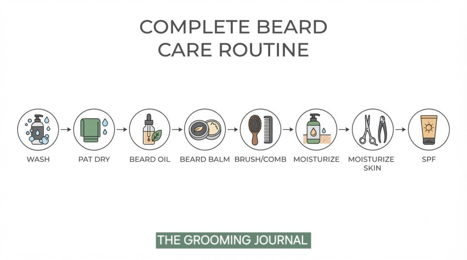 Minimal infographic showing the complete daily beard care routine from washing to trimming and sun protection.