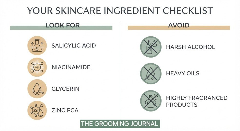 Infographic comparing beneficial and ingredients to avoid for oily skin products.