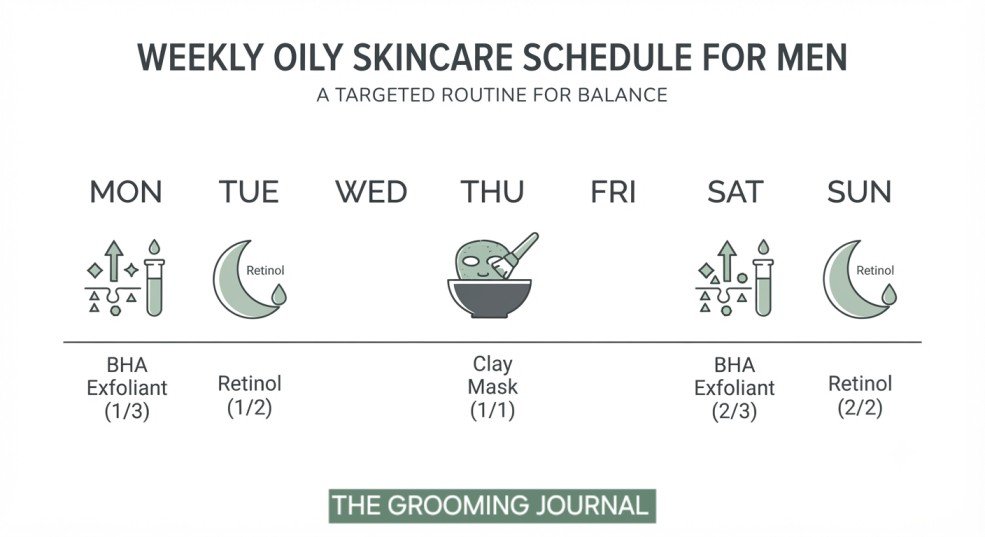 Weekly infographic showing exfoliation, retinol, and clay mask schedule for oily skin.