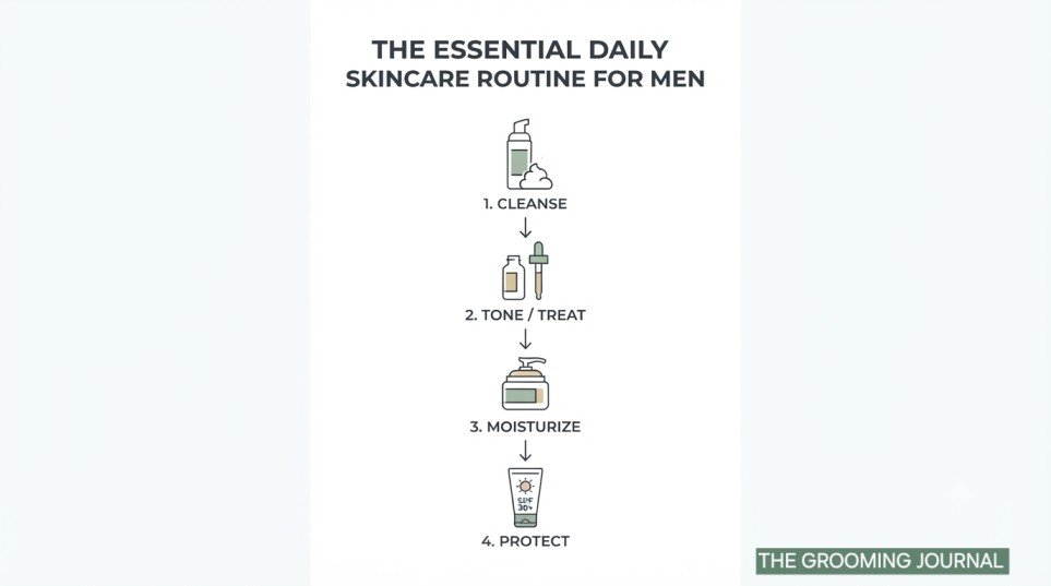 Infographic showing the four-step oily skin care routine for men: cleanser, toner, moisturizer, and sunscreen.