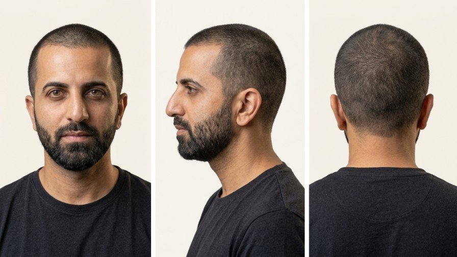 Man with thinning hair wearing a short buzz cut