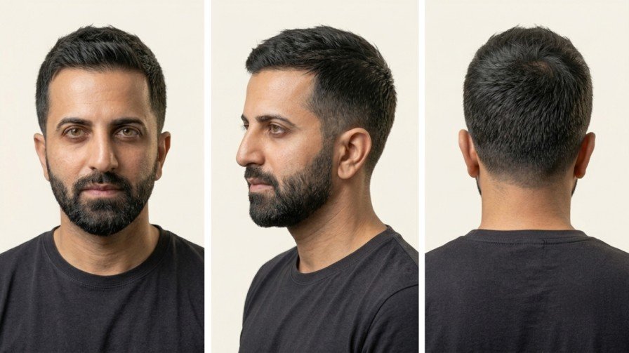 Man with thin hair wearing a classic crew cut with short tapered sides