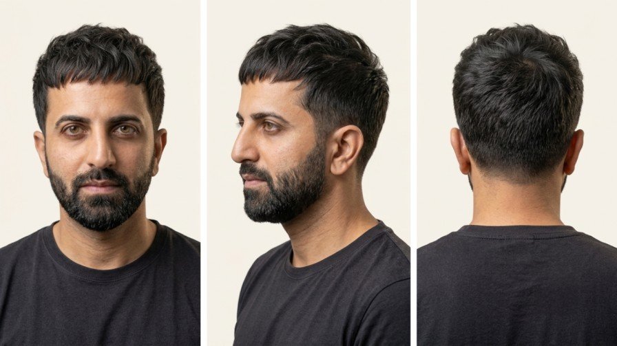Man with thinning hair wearing a short French crop haircut