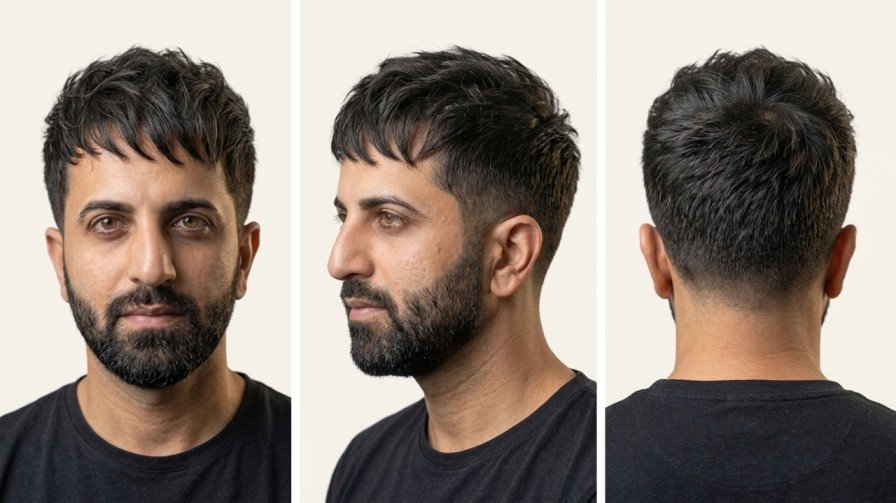 Man with thin hair wearing a short textured crop haircut