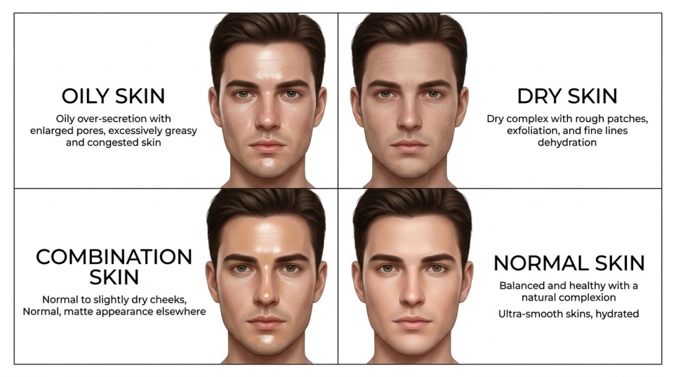 diagram showing four skin types oily dry combination and normal skin explained simply