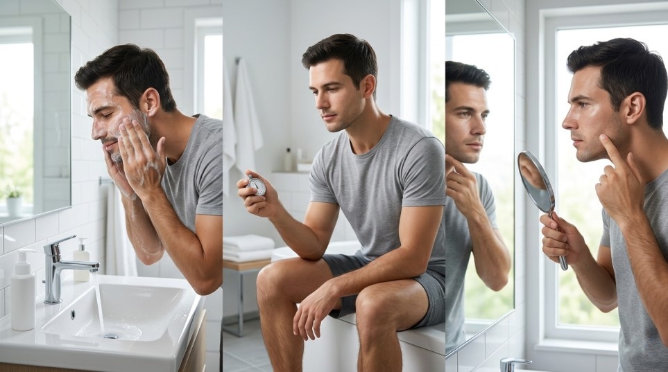 "man washing face gently with mild cleanser to prepare for bare face skin type test at home"