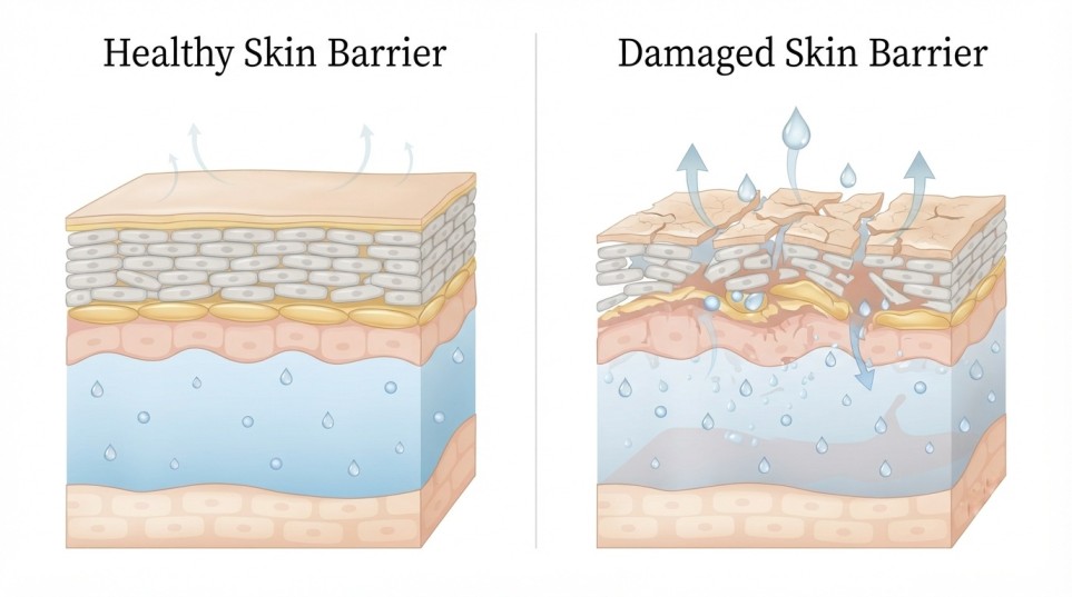 Healthy skin barrier compared with a damaged dry skin barrier showing moisture loss.