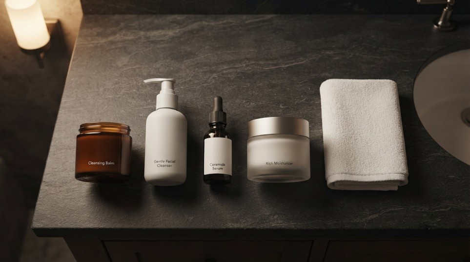 Men's nighttime dry skin care routine with cleanser, ceramide serum and rich moisturizer.