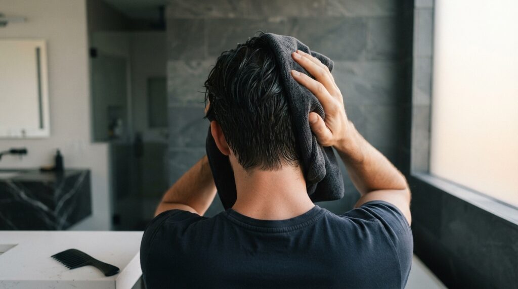 Gently drying wet hair with a microfiber towel to reduce breakage.