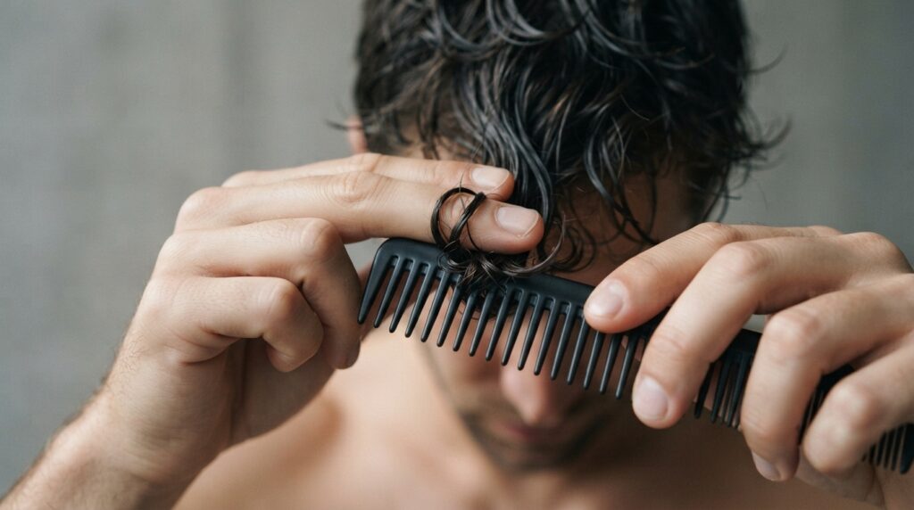 Detangling wet hair from the ends with a wide-tooth comb to reduce breakage.