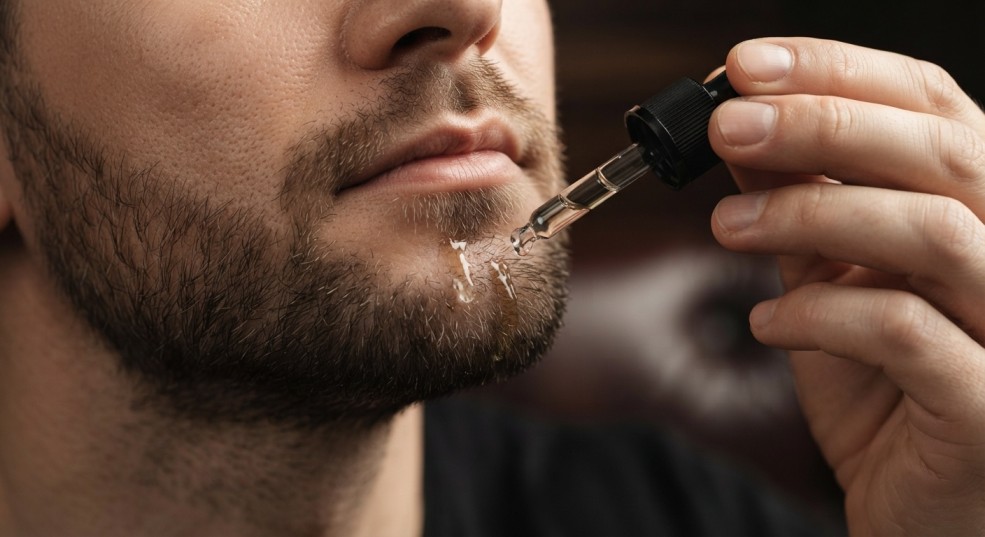 Applying beard oil to moisturize the beard and skin.