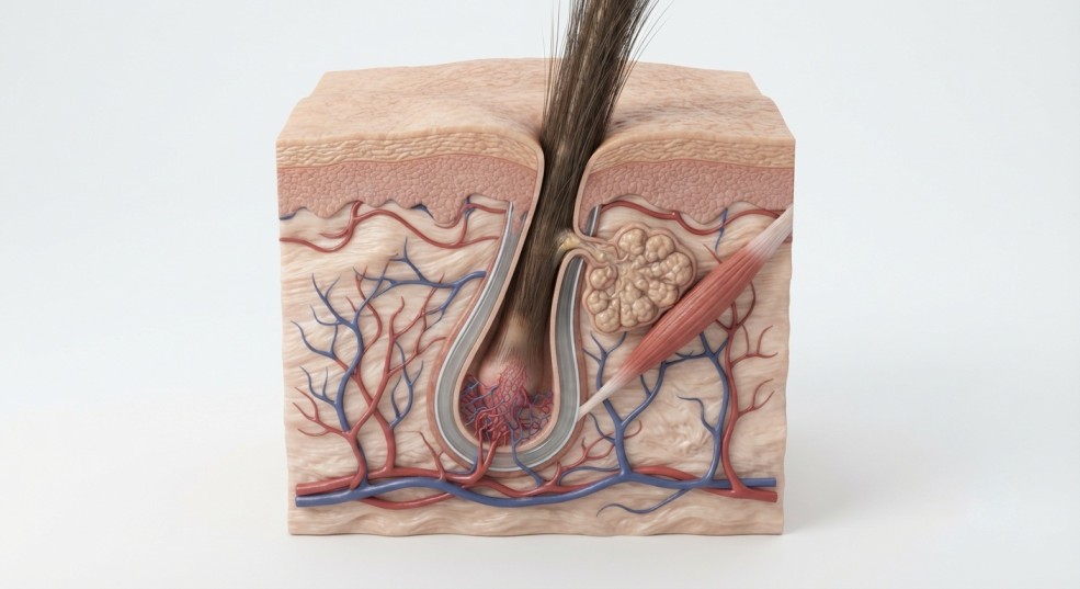 Scientific illustration of a healthy beard hair follicle.