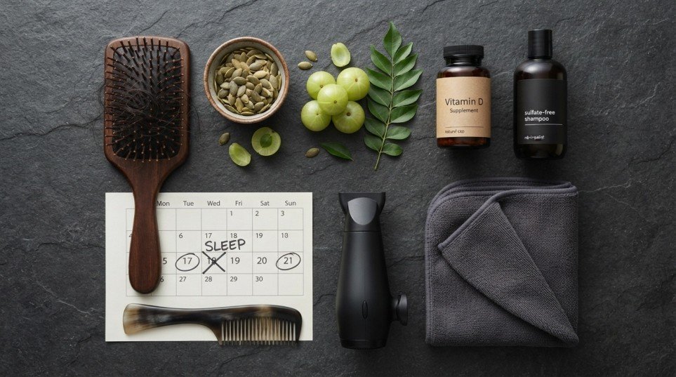 Common causes of hair fall in men including nutrition, scalp care, stress, and styling habits.