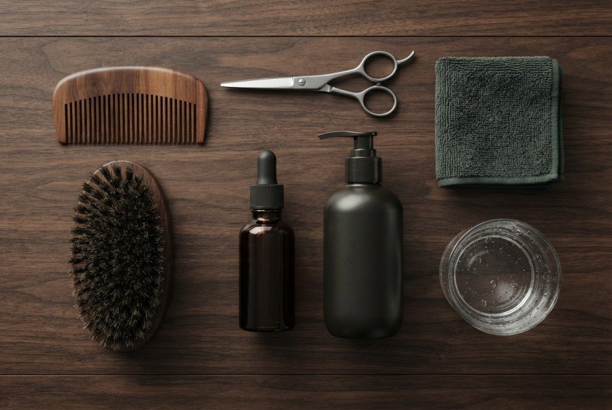 Essential beard care products for a healthy beard grooming routine.