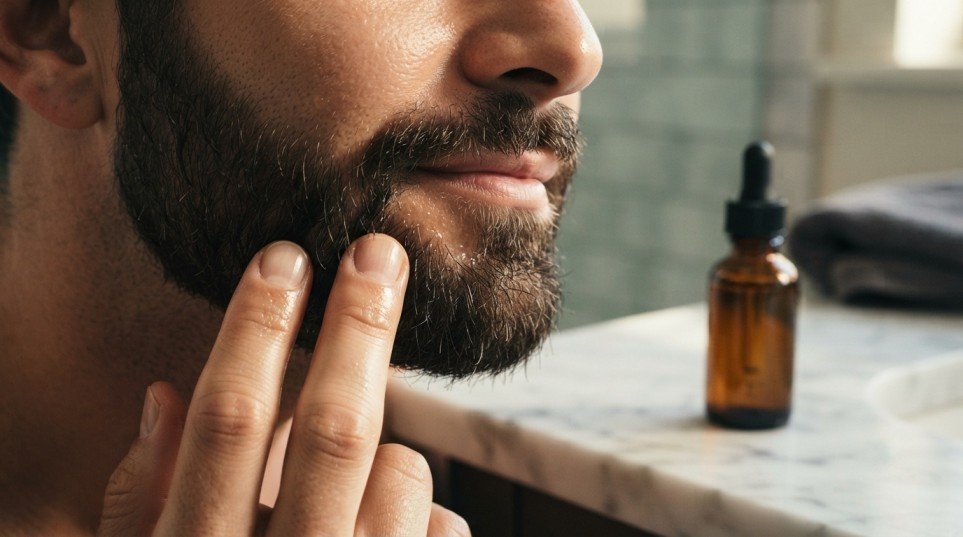 Applying beard growth oil directly to the skin beneath the beard.