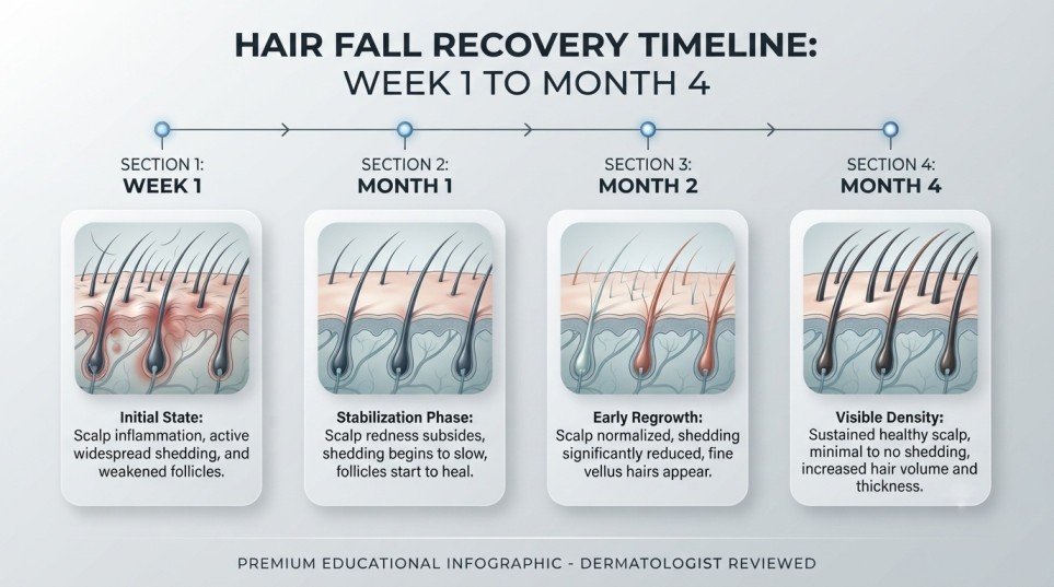 Timeline showing the expected stages of hair fall recovery.
