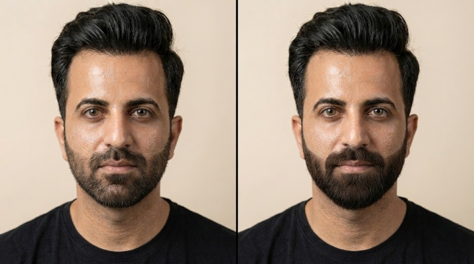 Comparison of an incorrectly trimmed beard and a properly shaped beard showing the importance of correct trimming technique.