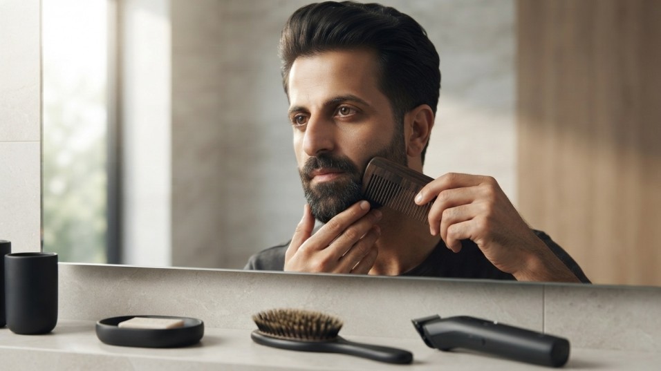 Man combing a clean, dry beard before trimming for a more even and accurate beard shape.
