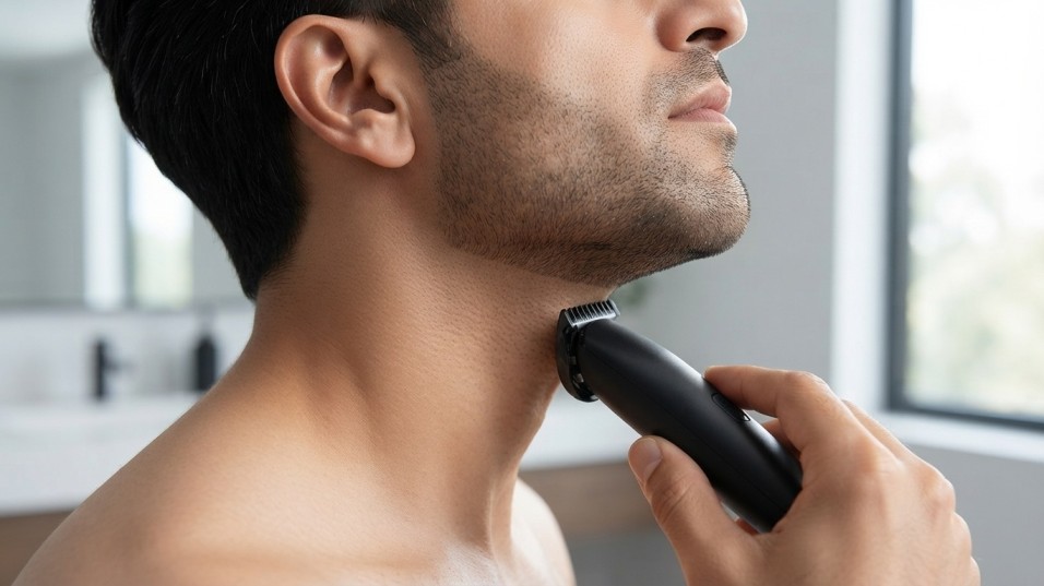 Correct beard neckline placement while trimming for a clean and natural-looking beard shape.