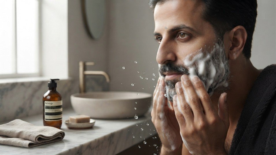 Man washing his beard with a gentle cleanser to reduce beard dandruff.